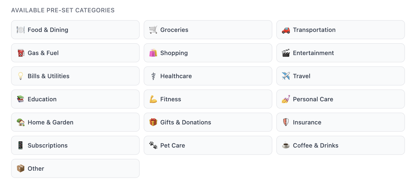 Available Expense Categories